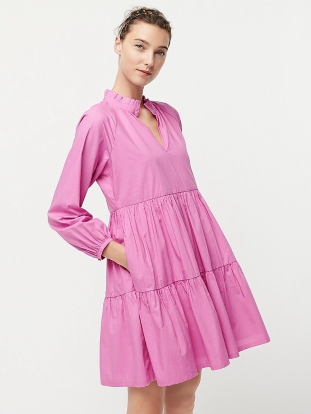 J. Crew Bright Pink Poplin Ruffled-Tier Dress
